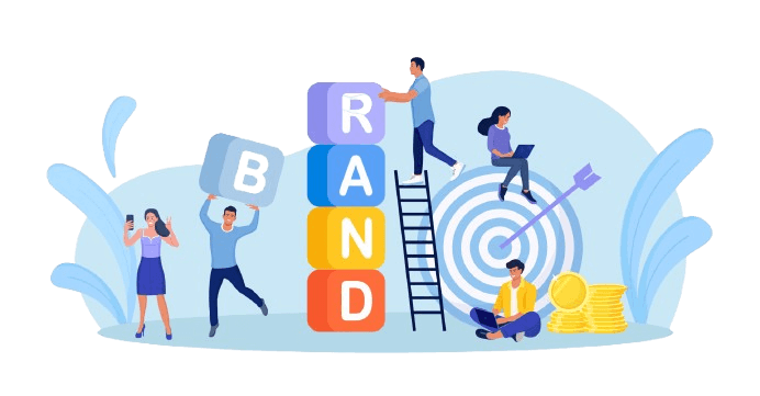 Modern branding and brand identity visual concept for startups and SMBs - Illustration of people interacting with branding letters, target, and visual identity elements