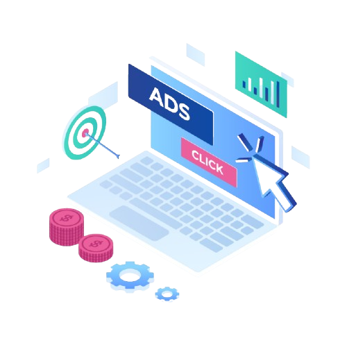 Illustration of a laptop showing pay per click campaign with ads and click button – digital marketing concept by KIRA