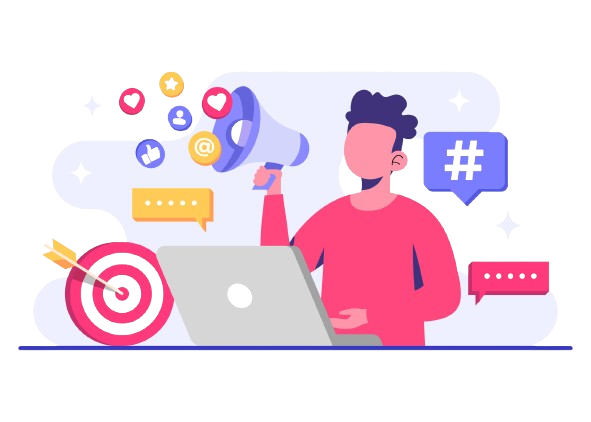 Illustration of a marketer using laptop with icons for target, hashtag, speech bubbles, and engagement analytics